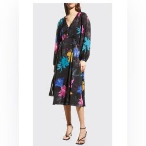 Kobi Halperin Alexi Floral Midi Dress Size L Black Multi Empire Waist Pockets